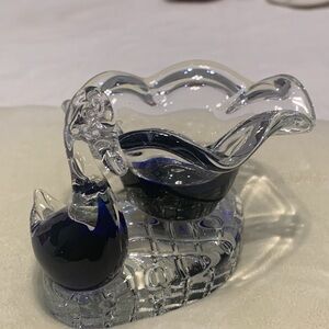 Vintage Cobalt Blue Clear Glass Duck next to a bird Bath